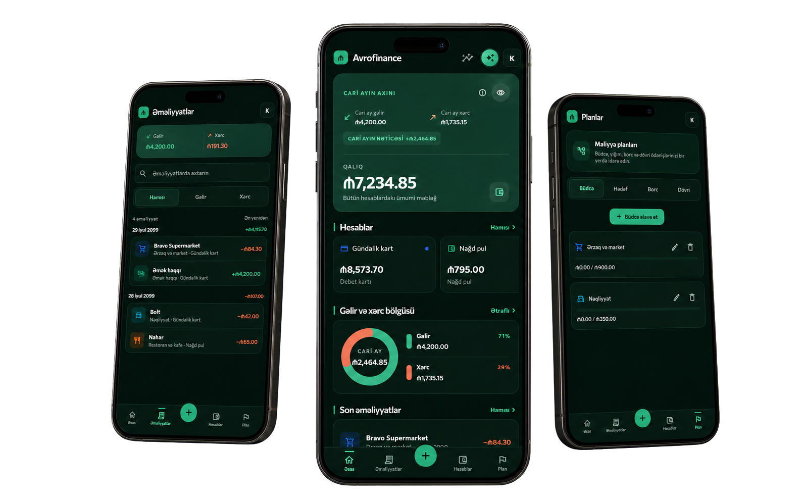 Üç telefonda AvroFinance ana səhifə, əməliyyatlar və planlar ekranları