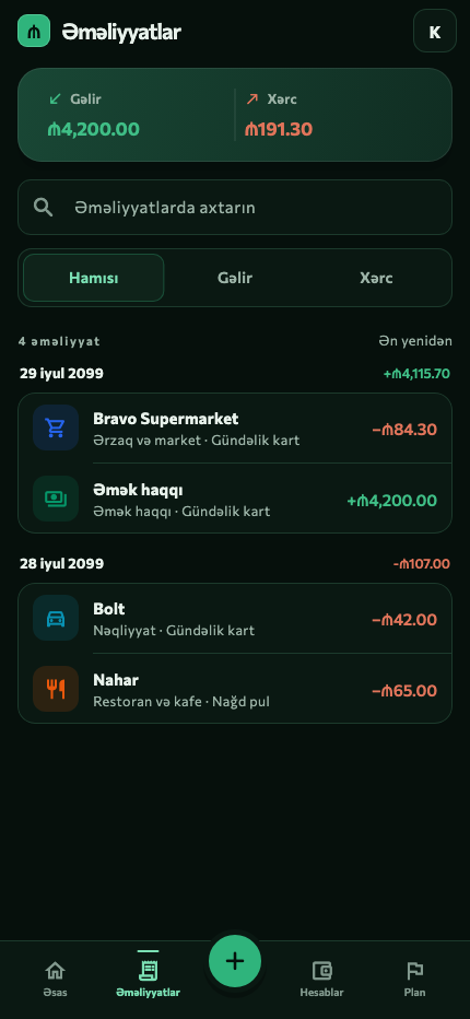 AvroFinance əməliyyatlar ekranı